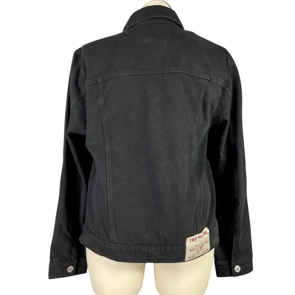 True Religion Jimmy Mens Black Denim Trucker Jacket L Button Front Classic Logo